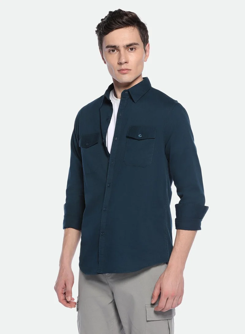Dennis Lingo Men's Blue 100% Cotton Solid Button Down Regular Fit Shirt