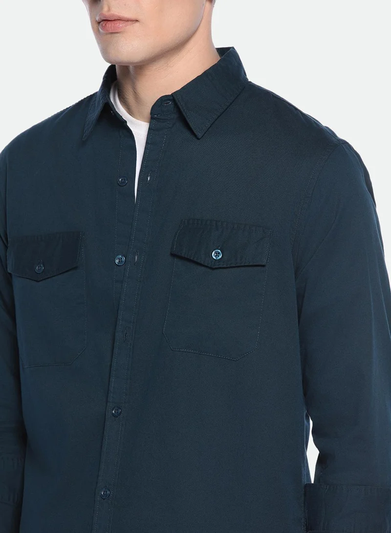 Dennis Lingo Men's Blue 100% Cotton Solid Button Down Regular Fit Shirt