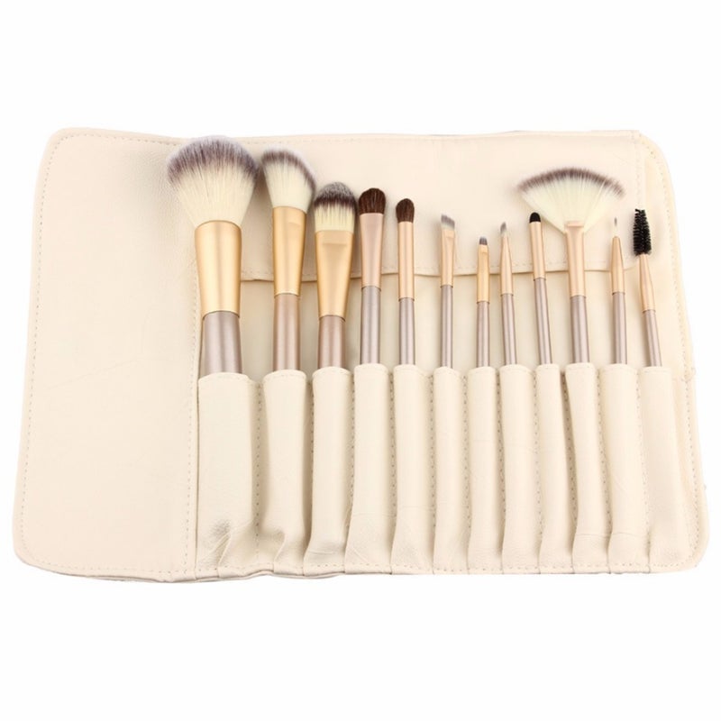 12 Piece Makeup Brushes Set Horse Hair Professional Kabuki Makeup Brush Set Cosmetics Foundation Makeup Brushes Set Kits with White Creamcolored Case Bag