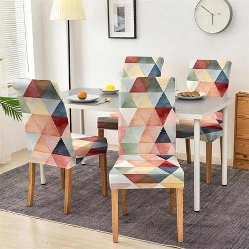 BRIDA® Polyester Spandex Stretchable Floral Geometric Printed Dining Chair Covers Elastic Chair Seat Case Protector, Slipcovers (4 Chair Cover, Multicolor Triangle) - Image 1