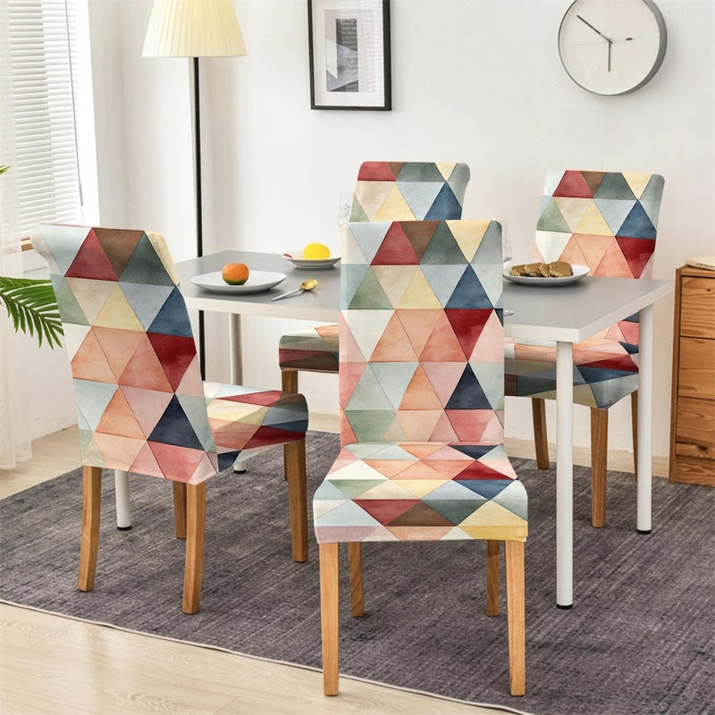 BRIDA® Polyester Spandex Stretchable Floral Geometric Printed Dining Chair Covers Elastic Chair Seat Case Protector, Slipcovers (4 Chair Cover, Multicolor Triangle) - Image 5