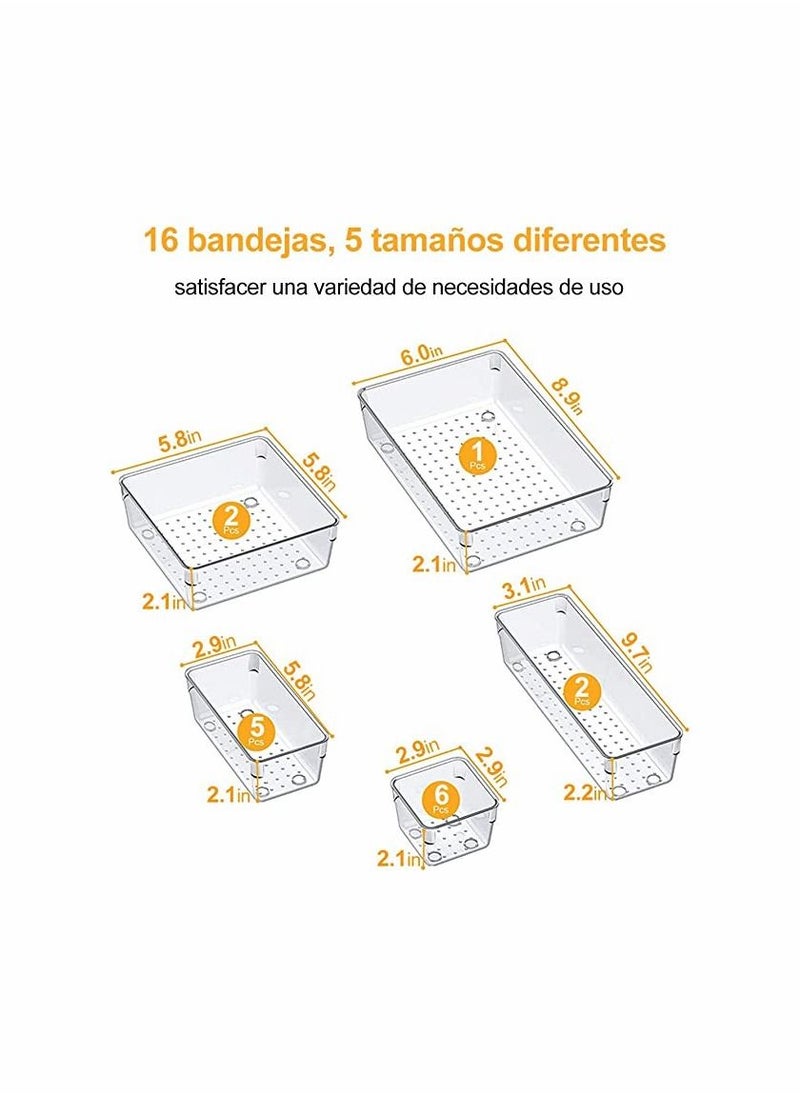 16pcs Clear Plastic Drawer Organizers 5 Sizes Jewelry Organizer Bathroom Organizer