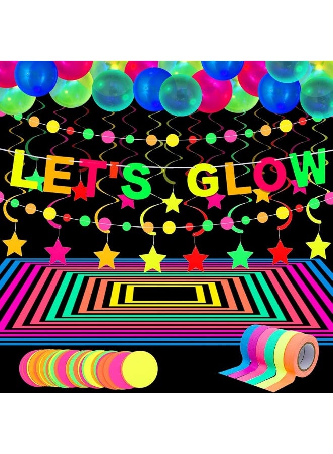 Chuangdi لوازم حفلات النيون المتلألئة، 98.4 قدم 6 لفات شريط لامع تفاعلي مع الضوء الأسود UV، 28.9 قدم 2 قطع من زينة الورق النيون، لافتة لنضيء 10 قطع من دوامات النجوم المعلقة، 25 قطعة من البالونات الفلورية - Image 1