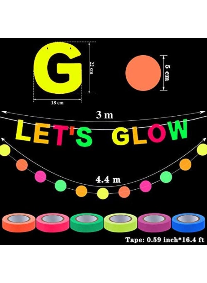 Chuangdi لوازم حفلات النيون المتلألئة، 98.4 قدم 6 لفات شريط لامع تفاعلي مع الضوء الأسود UV، 28.9 قدم 2 قطع من زينة الورق النيون، لافتة لنضيء 10 قطع من دوامات النجوم المعلقة، 25 قطعة من البالونات الفلورية - Image 4