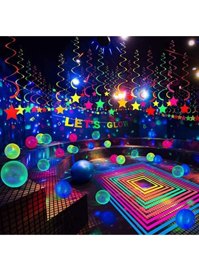 Chuangdi لوازم حفلات النيون المتلألئة، 98.4 قدم 6 لفات شريط لامع تفاعلي مع الضوء الأسود UV، 28.9 قدم 2 قطع من زينة الورق النيون، لافتة لنضيء 10 قطع من دوامات النجوم المعلقة، 25 قطعة من البالونات الفلورية - Image 5