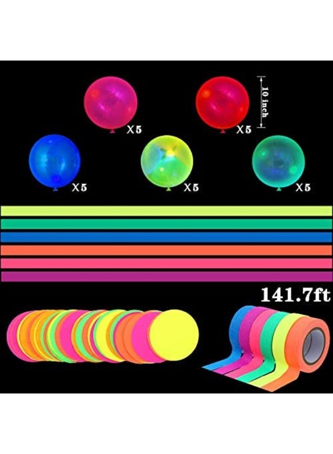 Chuangdi لوازم حفلات النيون المتلألئة، 98.4 قدم 6 لفات شريط لامع تفاعلي مع الضوء الأسود UV، 28.9 قدم 2 قطع من زينة الورق النيون، لافتة لنضيء 10 قطع من دوامات النجوم المعلقة، 25 قطعة من البالونات الفلورية - Image 2