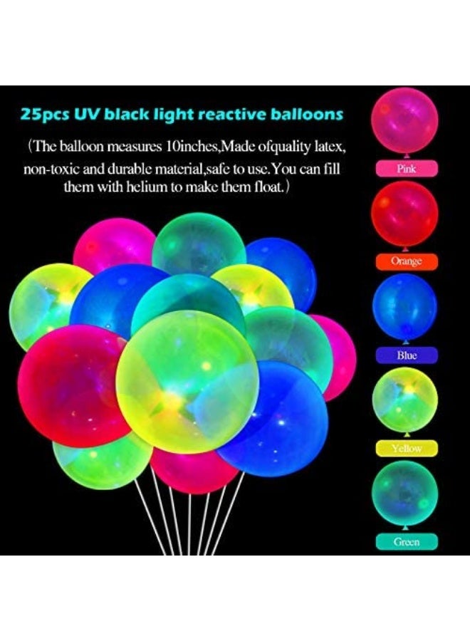 Chuangdi لوازم حفلات النيون المتلألئة، 98.4 قدم 6 لفات شريط لامع تفاعلي مع الضوء الأسود UV، 28.9 قدم 2 قطع من زينة الورق النيون، لافتة لنضيء 10 قطع من دوامات النجوم المعلقة، 25 قطعة من البالونات الفلورية - Image 3