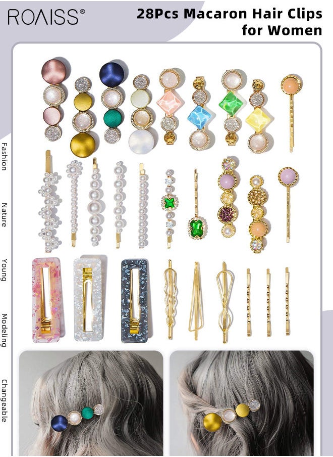 roaiss 28Pcs Macaron Hair Clips for Women, Acrylic Pearl Metal Hair Pins Sweet Hair Barrettes for Ladies and Girls, Fashion Headwear Styling Tools Hair Accessories Set for Party Wedding Daily Wear  - Image 1