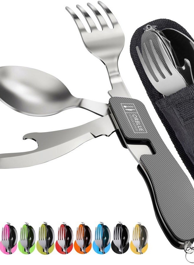 Orblue 4-in-1 Camping Utensils, 2-Pack - Portable Stainless Steel Spoon, Fork, Knife & Bottle Opener Combo Set - Travel, Backpacking Cutlery Multitool, Gray - Image 1