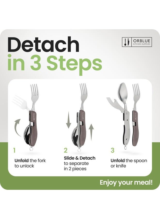 Orblue 4-in-1 Camping Utensils, 2-Pack - Portable Stainless Steel Spoon, Fork, Knife & Bottle Opener Combo Set - Travel, Backpacking Cutlery Multitool, Gray - Image 3