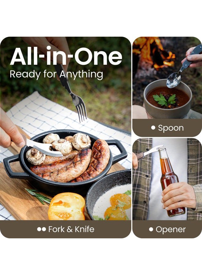 Orblue 4-in-1 Camping Utensils, 2-Pack - Portable Stainless Steel Spoon, Fork, Knife & Bottle Opener Combo Set - Travel, Backpacking Cutlery Multitool, Gray - Image 2