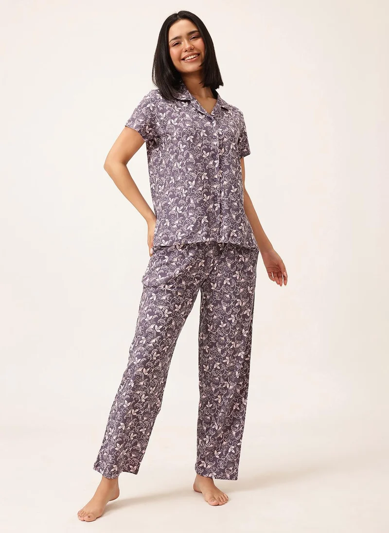 Clovia Clovia Printed Button-down Shirt & Pyjama Set in Light Purple - 100% Cotton