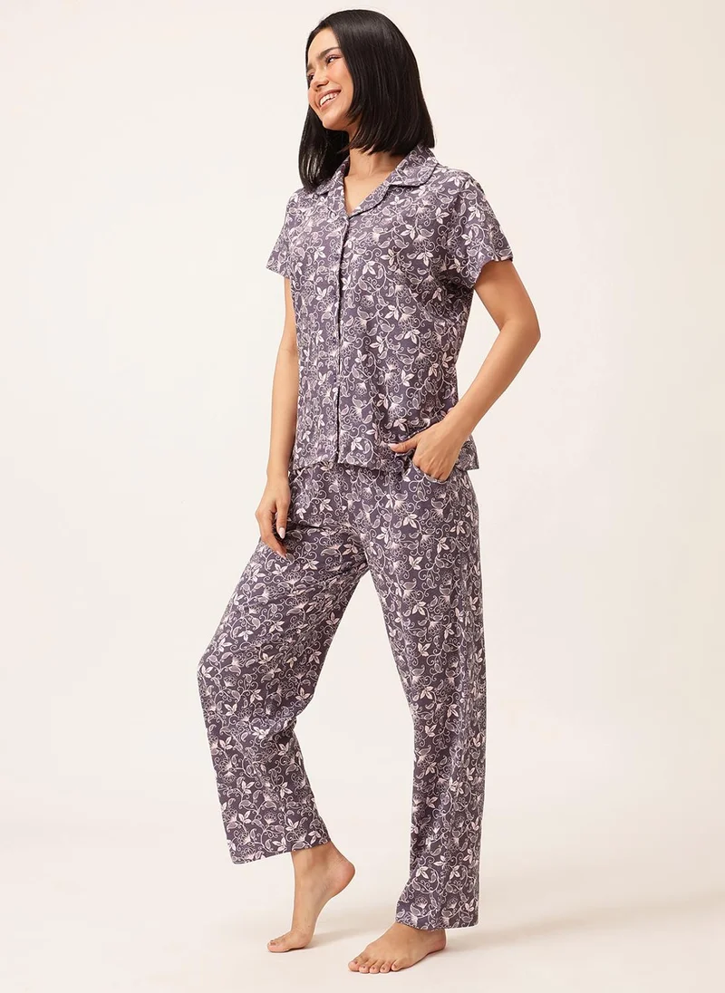 Clovia Clovia Printed Button-down Shirt & Pyjama Set in Light Purple - 100% Cotton