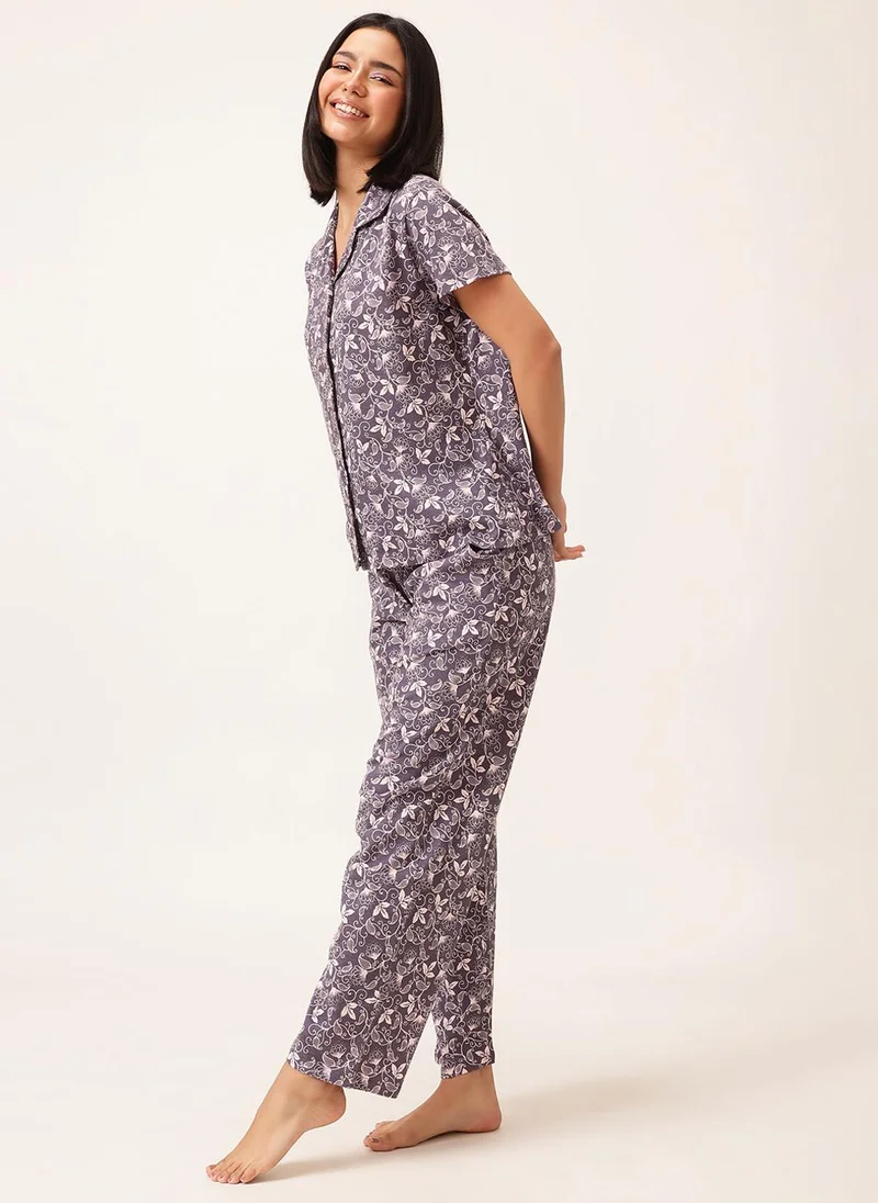 Clovia Clovia Printed Button-down Shirt & Pyjama Set in Light Purple - 100% Cotton