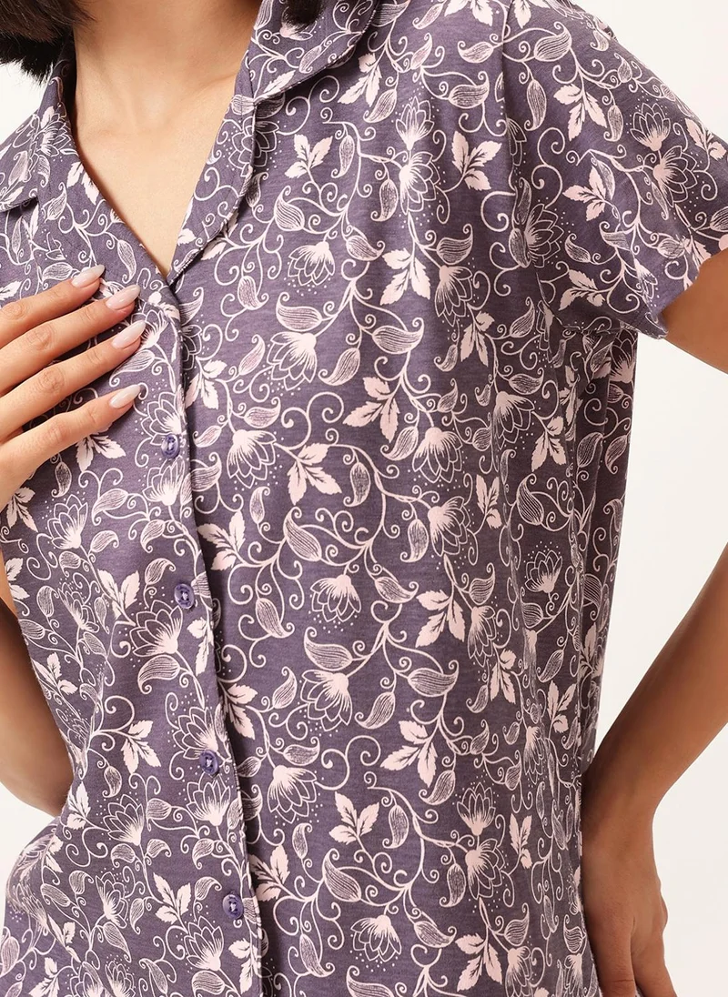 Clovia Clovia Printed Button-down Shirt & Pyjama Set in Light Purple - 100% Cotton