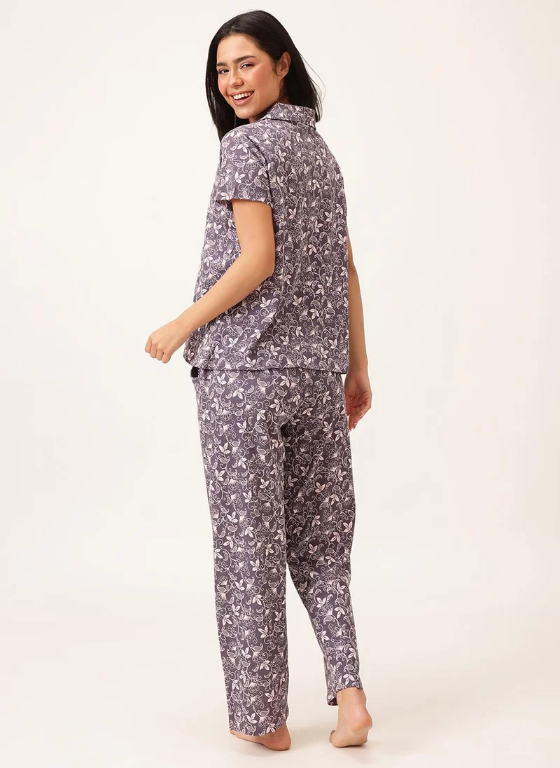 Clovia Clovia Printed Button-down Shirt & Pyjama Set in Light Purple - 100% Cotton