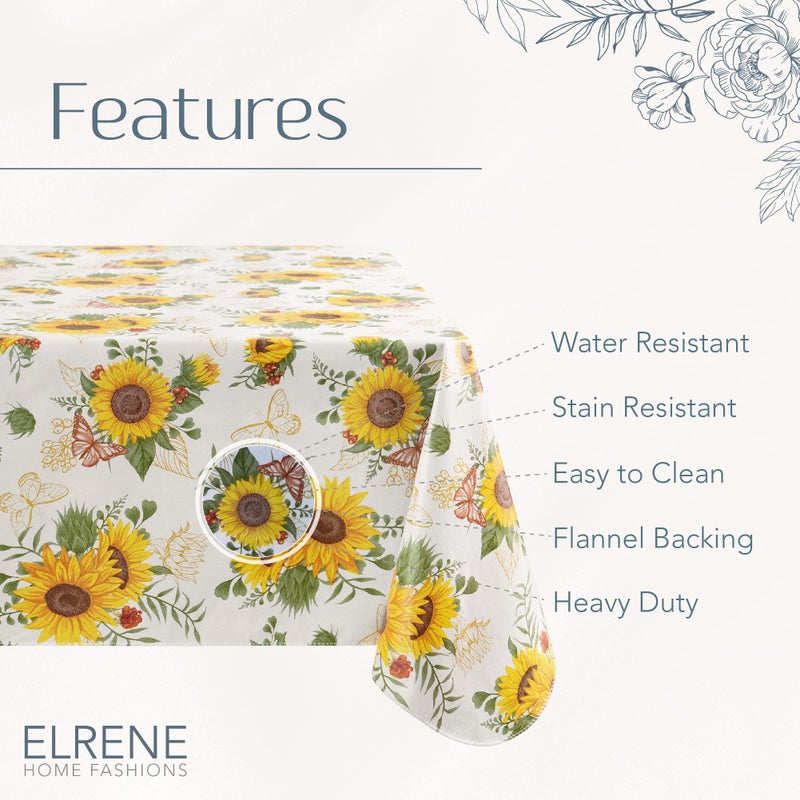 Elrene Home Fashions Sunflower Season Vintage Floral Water- and Stain-Resistant Vinyl Tablecloth with Flannel Backing, 60 Inches X 84 Inches, Rectangle - Image 4