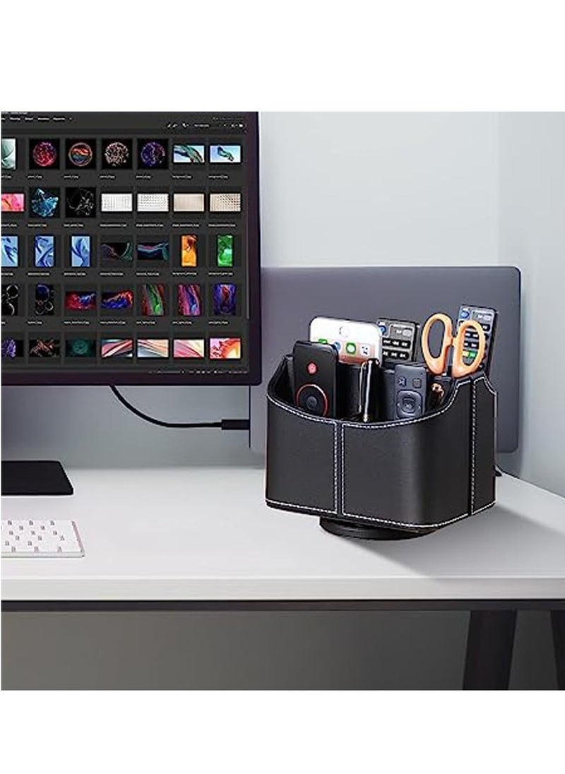 Leather Remote Control Holder, Tazweeq 360 Degree Spinning Desk TV Remote Caddy/Box, Bedside Table Organizer for Controller, Media, Mail, Mobile Phone and Pen Storage