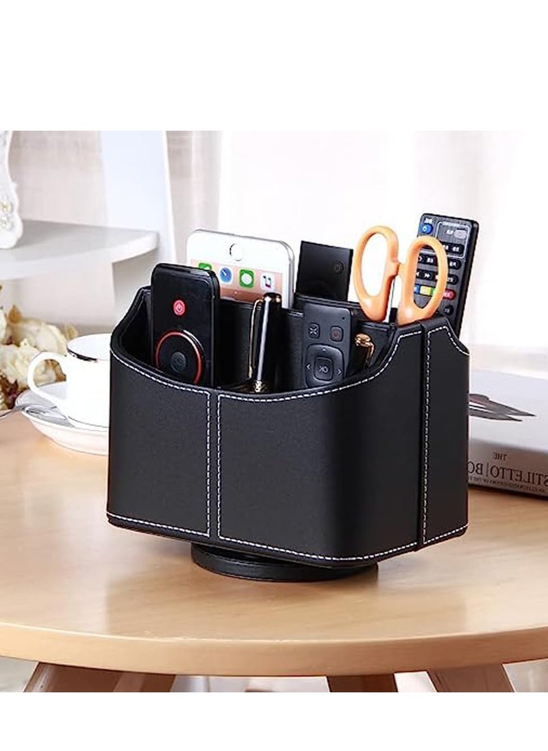 Leather Remote Control Holder, Tazweeq 360 Degree Spinning Desk TV Remote Caddy/Box, Bedside Table Organizer for Controller, Media, Mail, Mobile Phone and Pen Storage
