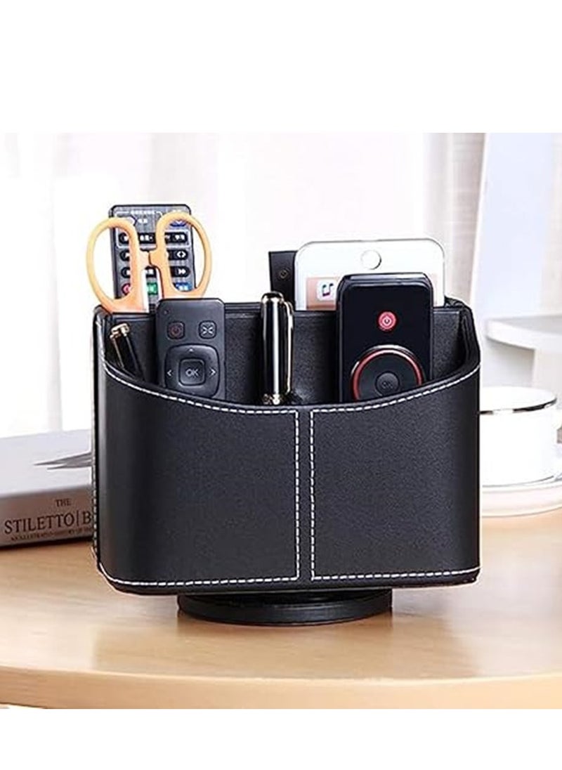 Leather Remote Control Holder, Tazweeq 360 Degree Spinning Desk TV Remote Caddy/Box, Bedside Table Organizer for Controller, Media, Mail, Mobile Phone and Pen Storage