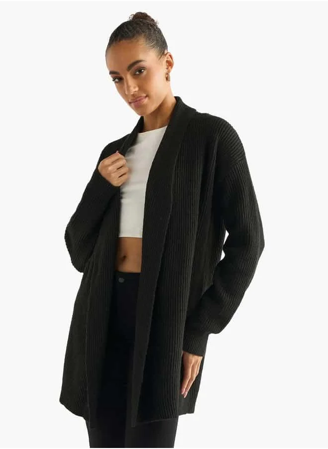 فاف Textured Open Front Cardigan with Long Sleeves
