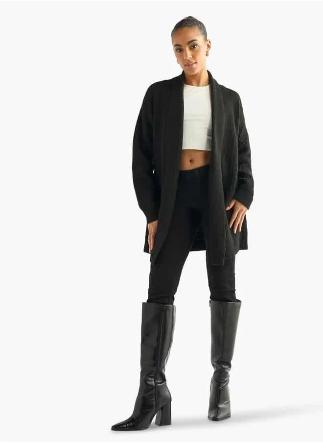 فاف Textured Open Front Cardigan with Long Sleeves
