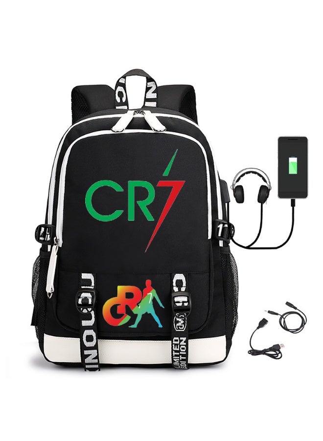 CR7 Backpack with USB Charging & Headphone Port, Large Capacity Black Student Schoolbag Football Fan Travel Daypack - Image 1