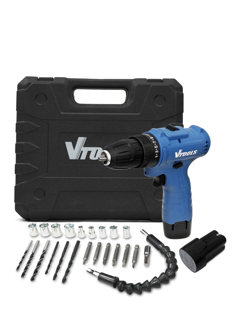 VTOOLS 12V Cordless Drill Driver with 2×1300mAh Batteries - Image 1