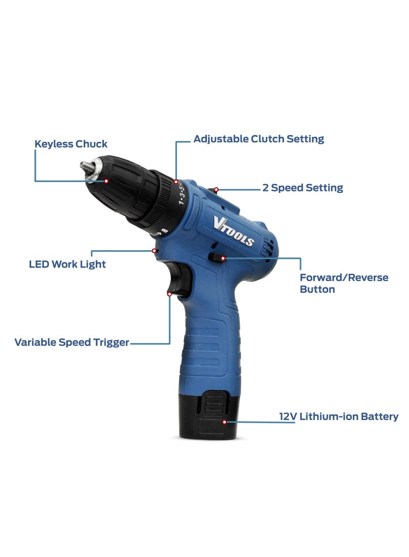 VTOOLS 12V Cordless Drill Driver with 2×1300mAh Batteries - Image 4