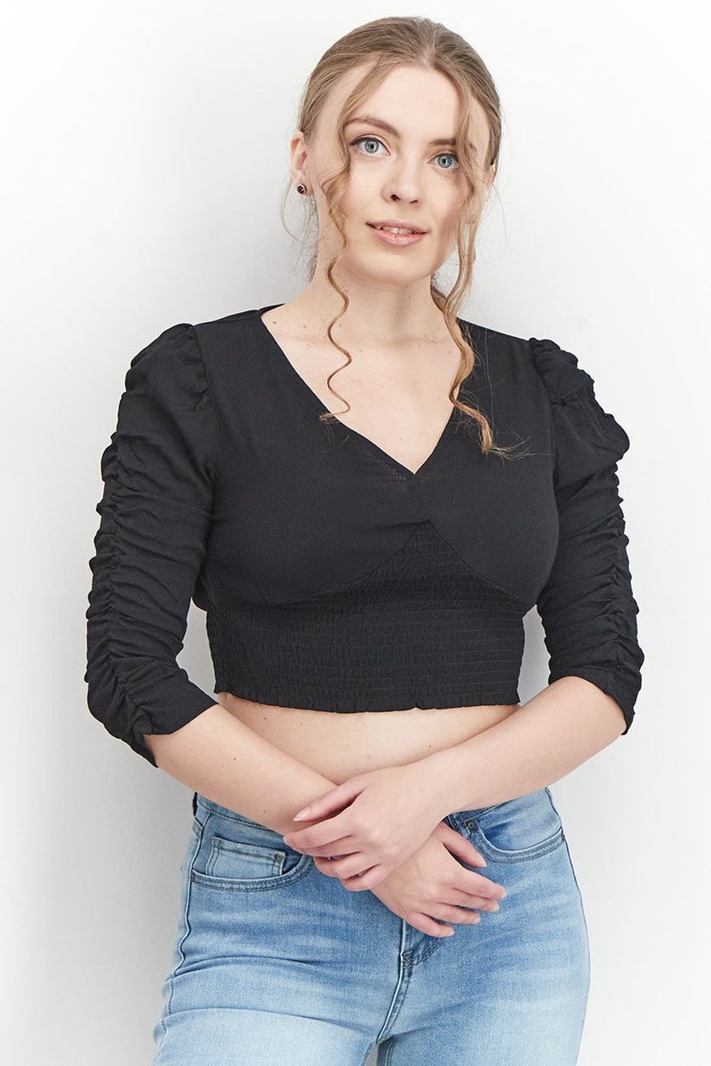 Cropp بلوزة نسائية بأكمام طويلة وفتحة عنق على شكل V، سوداء - Image 1