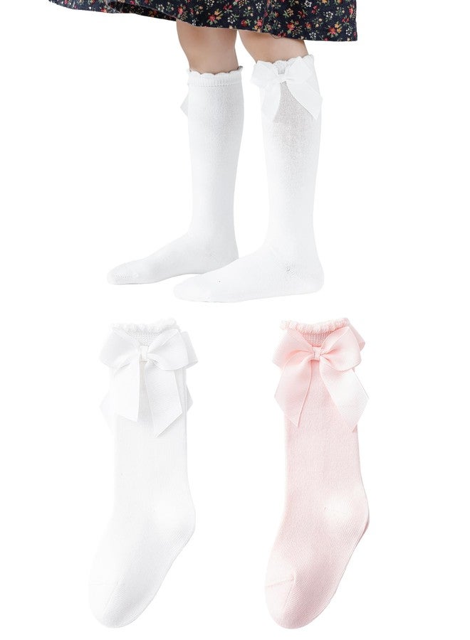 hakugoo Baby Knee High Socks Toddler Cotton Long Socks,Stockings with Bow Ruffle Tube Sock for Newborn 0-6 Months(White+Pink,2Pairs) - Image 1