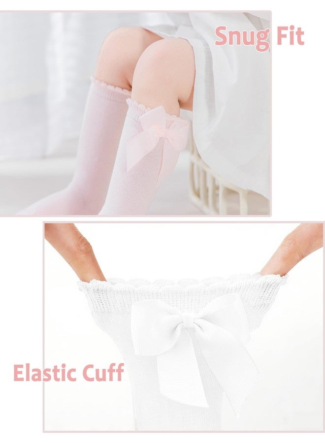 hakugoo Baby Knee High Socks Toddler Cotton Long Socks,Stockings with Bow Ruffle Tube Sock for Newborn 0-6 Months(White+Pink,2Pairs) - Image 5