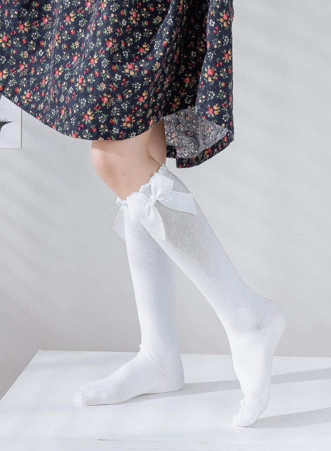 hakugoo Baby Knee High Socks Toddler Cotton Long Socks,Stockings with Bow Ruffle Tube Sock for Newborn 0-6 Months(White+Pink,2Pairs) - Image 2