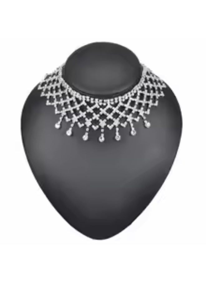 قلادة تشوكر شبكية من الكريستال الفضي للنساء - طوق هندسي من أحجار الراين مع دلايات على شكل قطرات ماء، مجوهرات مميزة للحفلات والسهرات - Image 3