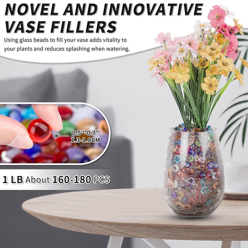 Foncomy 1 LB Mixed Color Flat Glass Beads, 160-180PCS Small Glass Marbles, Mini Flat Round Pebbles for Vase Filler and Floral, Fish Tank Rocks Decorative Gemstones for Home and Aquarium Décor - Image 2