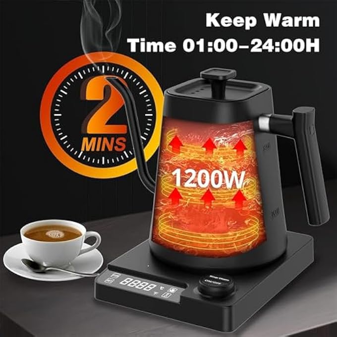موتيم غلاية كهربائية للتحكم في درجة الحرارة، غلاية كهربائية مع شاشة عرض، غلاية كهربائية سريعة التسخين لغلي الماء والقهوة والشاي، لون أسود - Image 5
