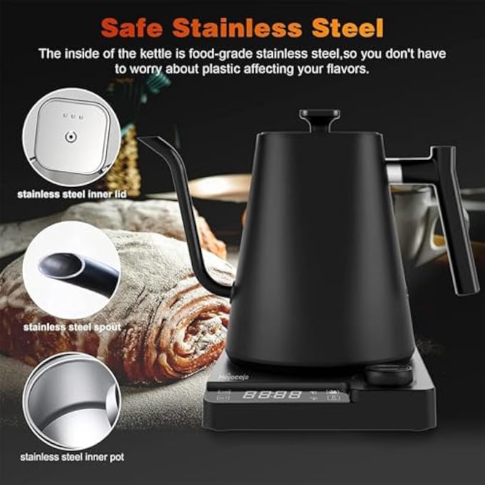 موتيم غلاية كهربائية للتحكم في درجة الحرارة، غلاية كهربائية مع شاشة عرض، غلاية كهربائية سريعة التسخين لغلي الماء والقهوة والشاي، لون أسود - Image 4