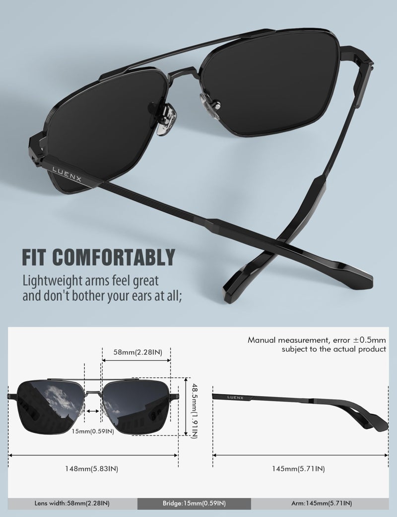 LUENX Mens Women Polarized Sunglasses Aviator, Square Polygon Black Lens Black Metal Frame Driving UV 400 Protection With Accessories 58mm - Image 3
