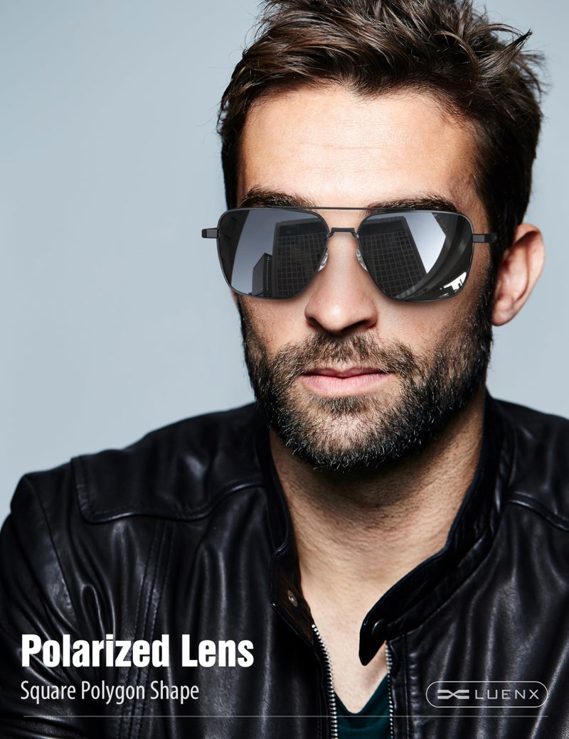 LUENX Mens Women Polarized Sunglasses Aviator, Square Polygon Black Lens Black Metal Frame Driving UV 400 Protection With Accessories 58mm - Image 2