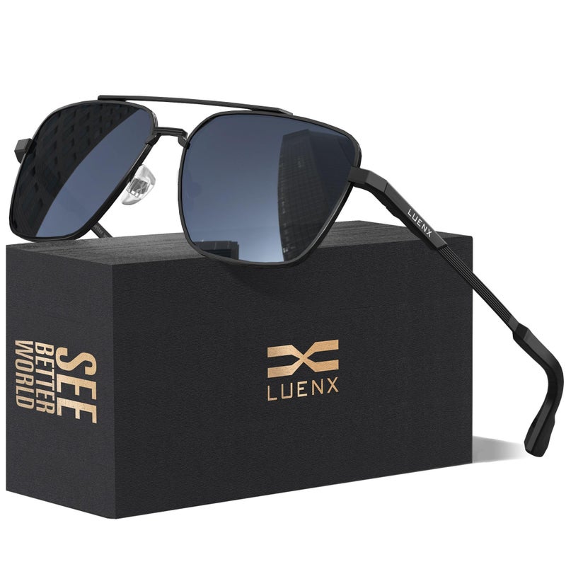 LUENX Mens Women Polarized Sunglasses Aviator, Square Polygon Black Lens Black Metal Frame Driving UV 400 Protection With Accessories 58mm - Image 1