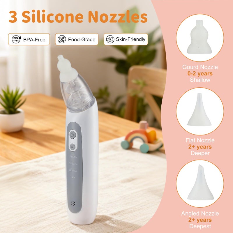 Trsaow Electric Nasal Aspirator for Babies: 3 Suction Levels, 3 Silicone Nozzles, Rechargeable & Portable Nose Cleaner with Soothing Lullaby - Image 5