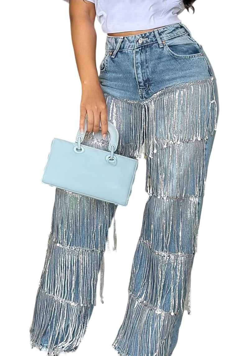 NRTHYE Womens Glitter Fringe Baggy Jeans Causal High Waisted Straight Wide Leg Sparkly Tassel Denim Pants Blue - Image 1