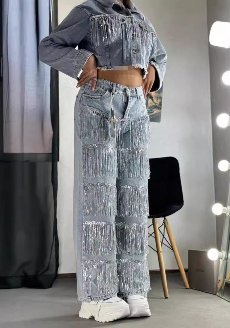 NRTHYE Womens Glitter Fringe Baggy Jeans Causal High Waisted Straight Wide Leg Sparkly Tassel Denim Pants Blue - Image 5