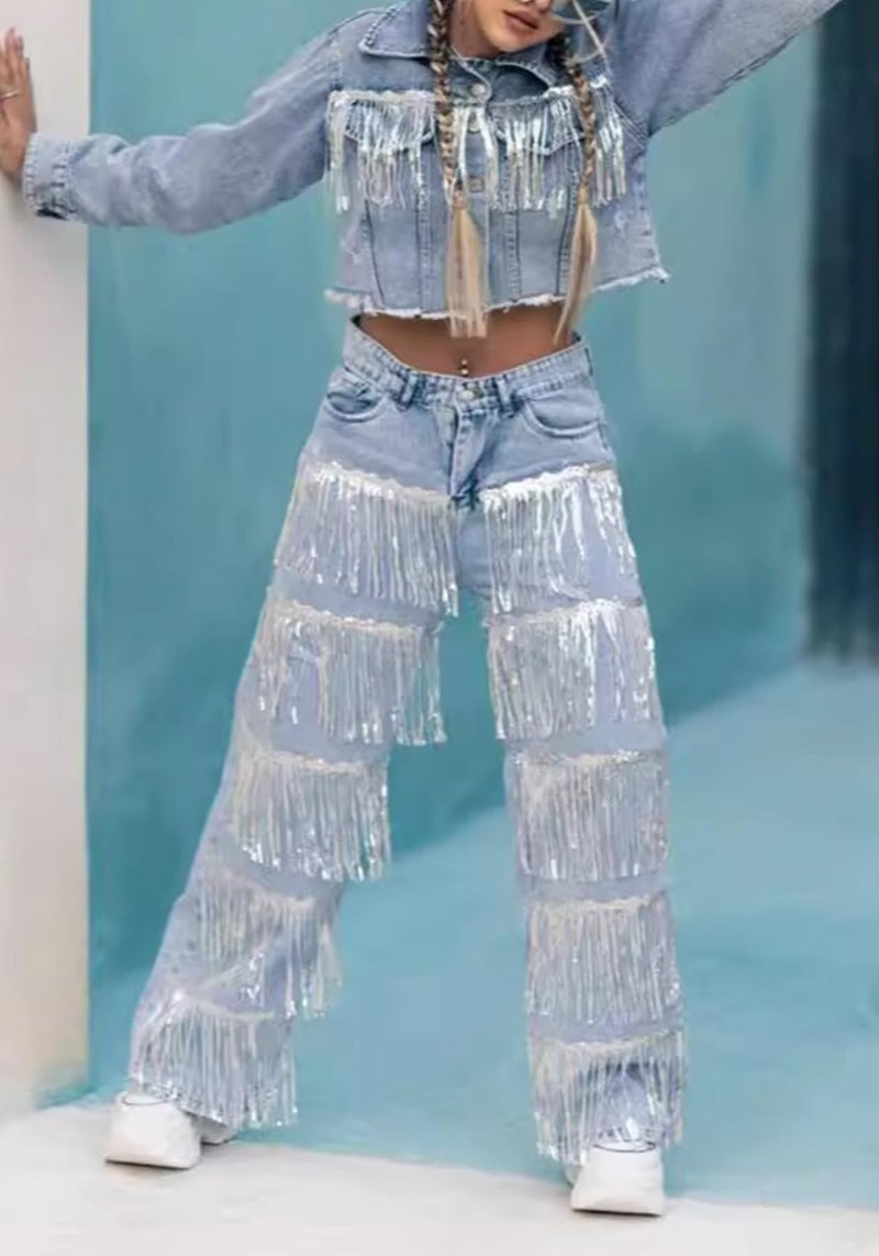 NRTHYE Womens Glitter Fringe Baggy Jeans Causal High Waisted Straight Wide Leg Sparkly Tassel Denim Pants Blue - Image 4