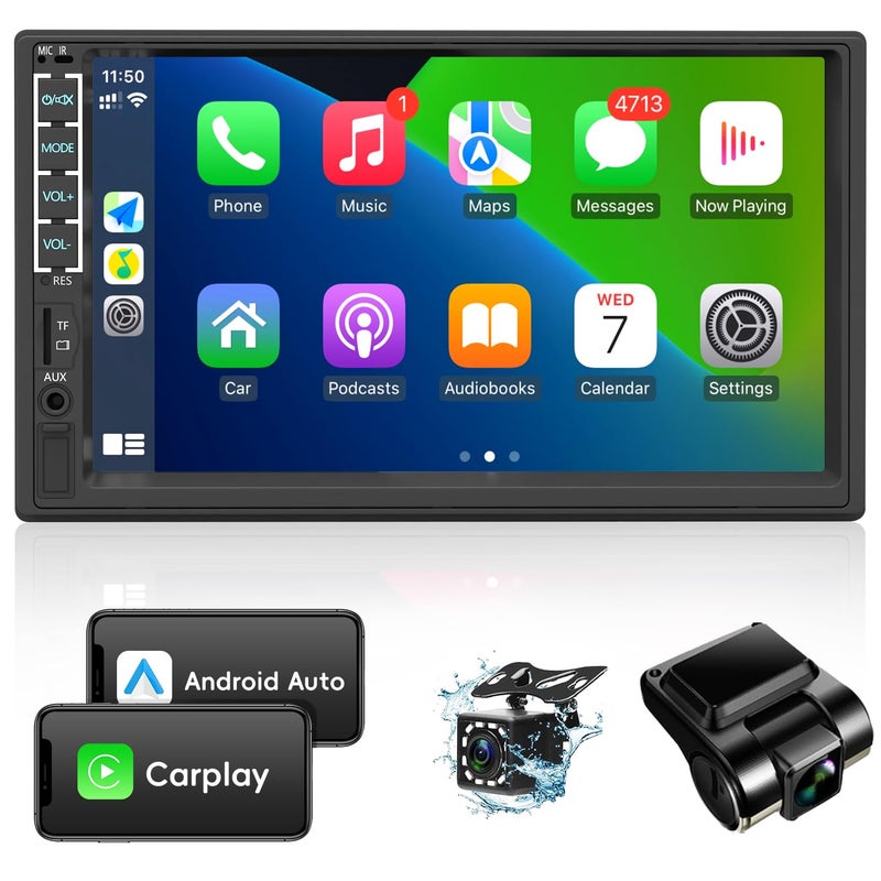 Leadfan Double Din Car Stereo with Dash CamCamera Apple CarplayAndroid Auto 7 Inch Touchscreen Double Din Radio Car Audio Receivers Bluetooth Voice Control MirrorLink FMUSBTFAUXSubwoofer