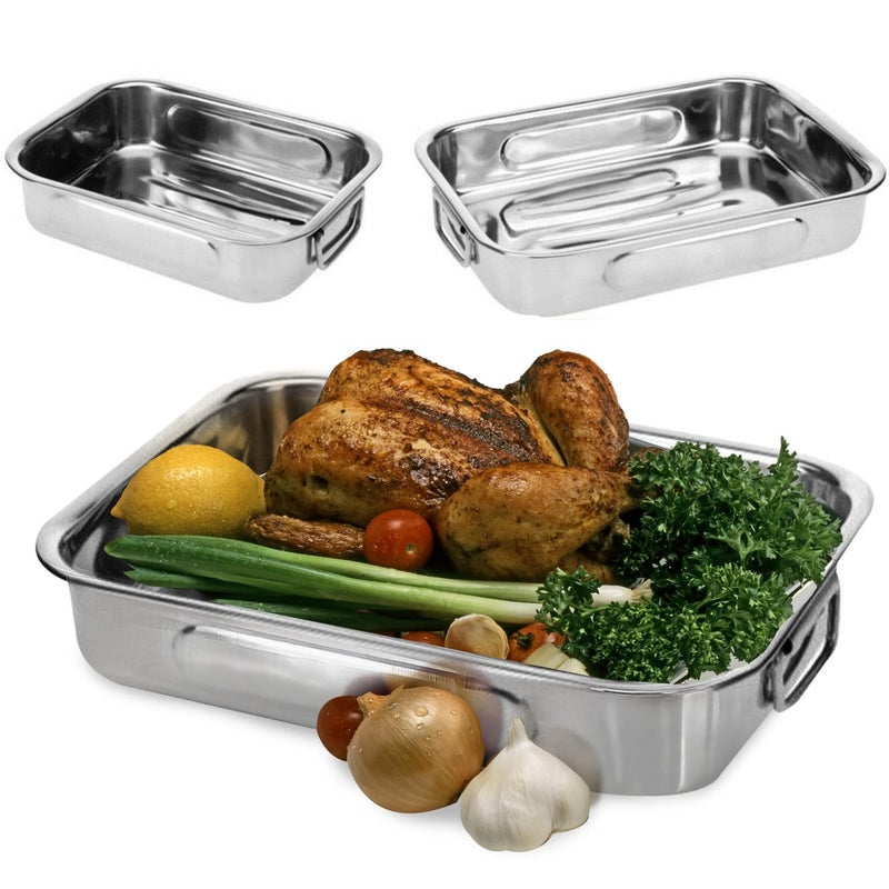 Set of 3 Roasting Baking Tin Trays Cooking Oven Dish Bakeware Stainless Steel