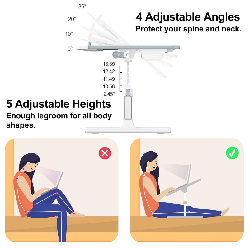 HETTHI Laptop Bed Desk, Adjustable Laptop Lap Desk with Drawer, X-Large Foldable Bed Table Tray for Bed Couch Floor Desk Writing Working Reading Eating Painting (Marble, 23.6"Ã—15.7") - Image 2