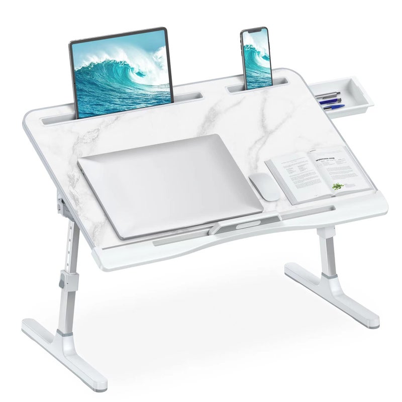 HETTHI Laptop Bed Desk, Adjustable Laptop Lap Desk with Drawer, X-Large Foldable Bed Table Tray for Bed Couch Floor Desk Writing Working Reading Eating Painting (Marble, 23.6"Ã—15.7") - Image 1