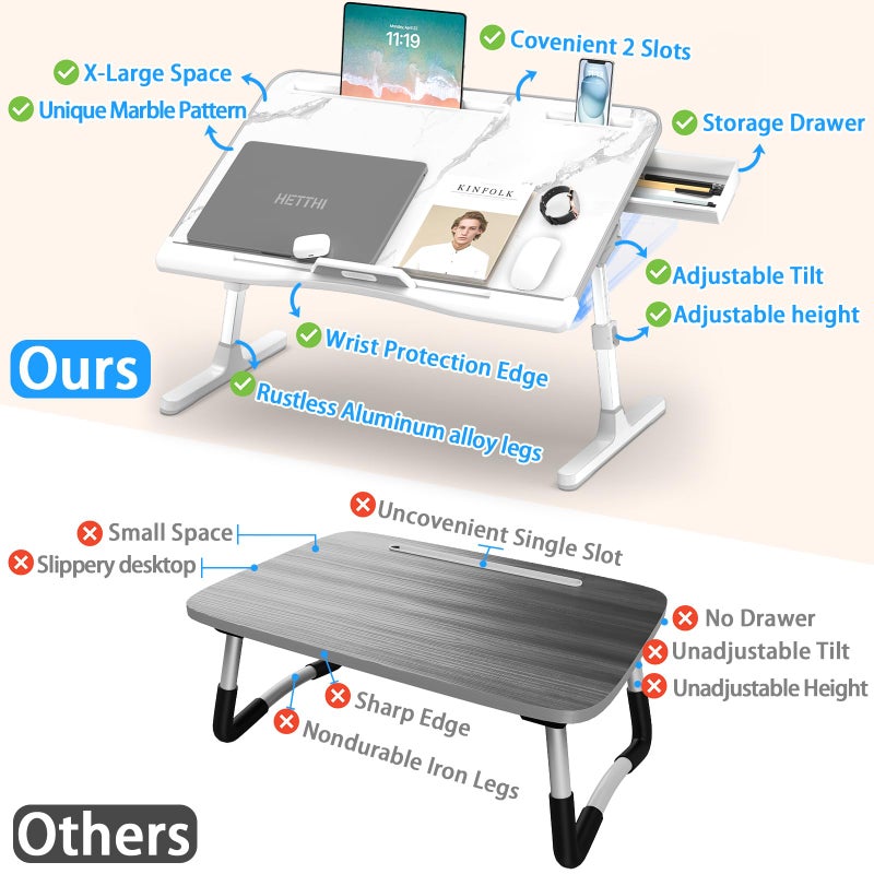 HETTHI Laptop Bed Desk, Adjustable Laptop Lap Desk with Drawer, X-Large Foldable Bed Table Tray for Bed Couch Floor Desk Writing Working Reading Eating Painting (Marble, 23.6"Ã—15.7") - Image 3