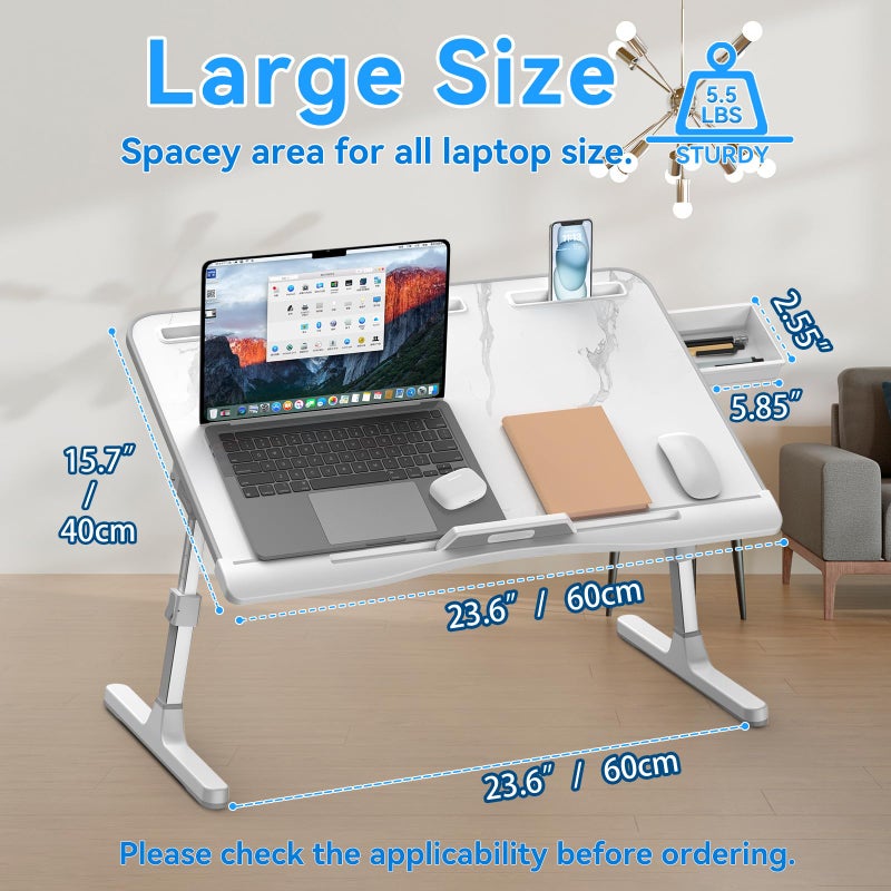 HETTHI Laptop Bed Desk, Adjustable Laptop Lap Desk with Drawer, X-Large Foldable Bed Table Tray for Bed Couch Floor Desk Writing Working Reading Eating Painting (Marble, 23.6"Ã—15.7") - Image 4